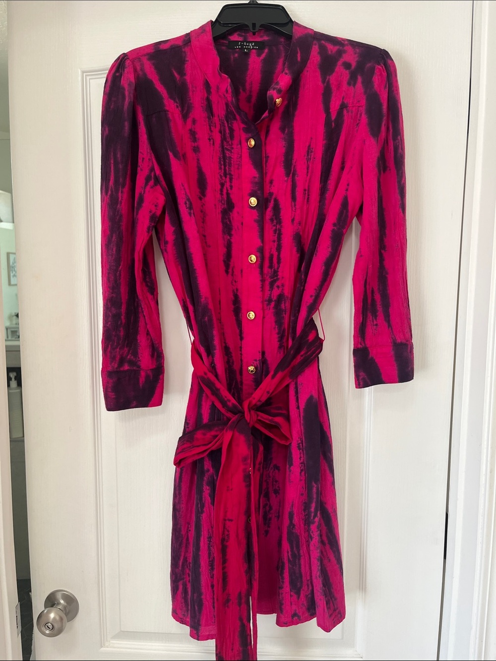 t-bags  Hot Pink and purple  Long-Sleeve Tie-Waist Shirt Dress, L